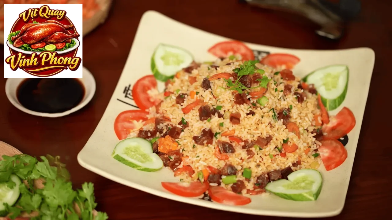 Đĩa cơm chiên lạp vịt ăn kèm rau xanh và món phụ giúp tăng hương vị
