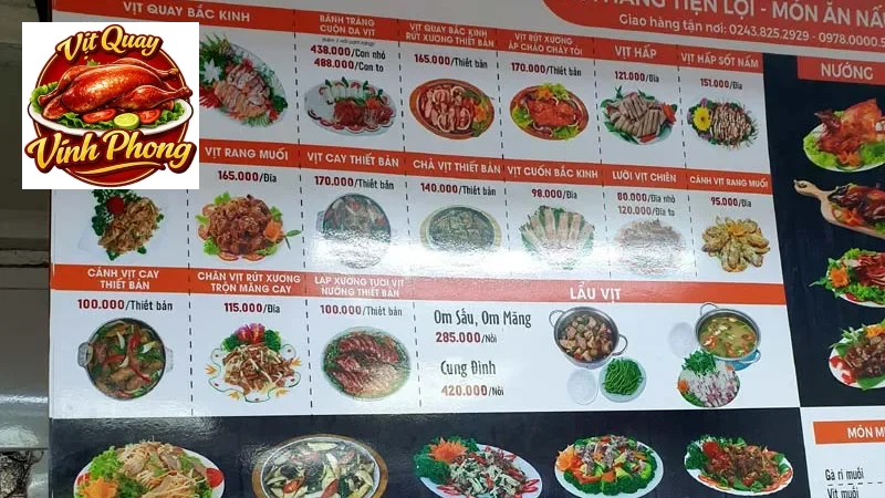 Thực đơn các món vịt đặc trưng tại Vịt 29 Hà Đông được nhiều thực khách lựa chọn